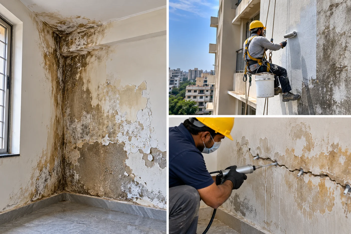Technician repairing moisture-damaged interior wall plaster with fresh repair mortar