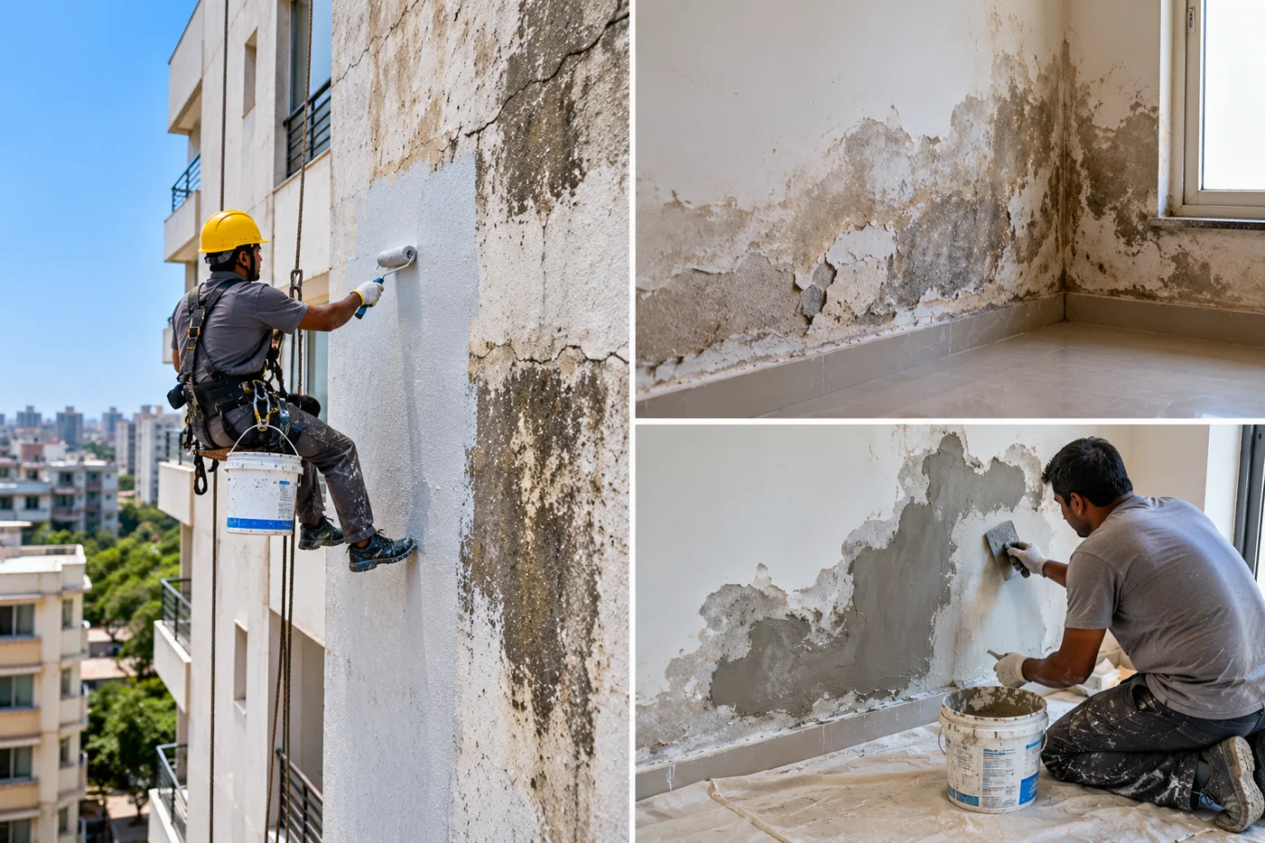 Wall seepage in a Hyderabad apartment showing damp patches, peeling paint, and moisture-damaged plaster