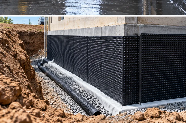 External foundation waterproofing membrane installed with a drainage pipe around a building foundation