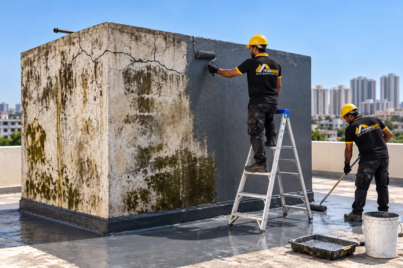 Hyderabad Waterproofing workers applying waterproof coating to a cracked concrete rooftop water tank in Hyderabad