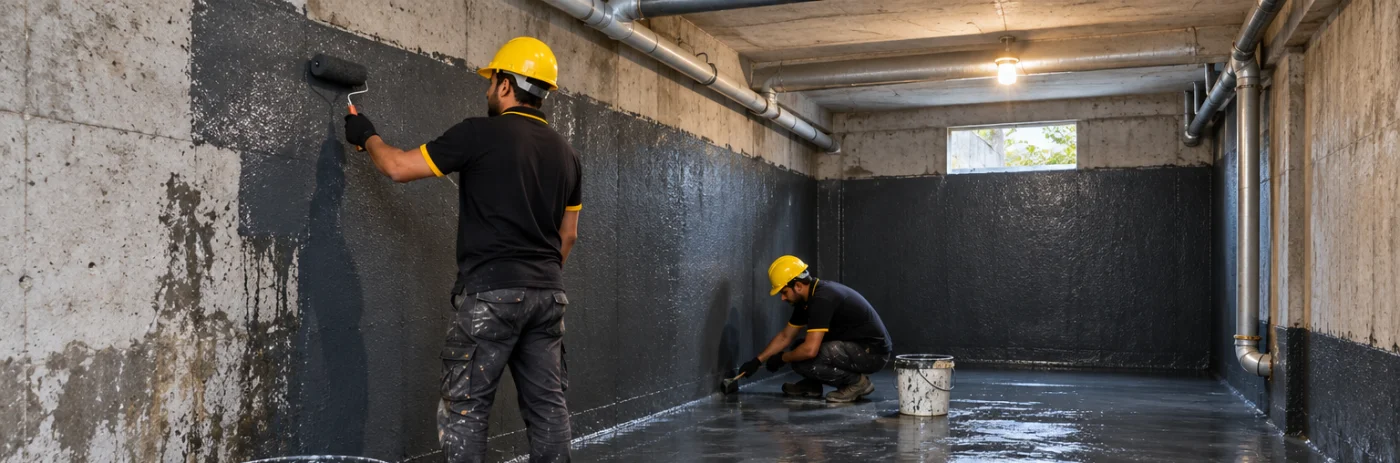 Professional workers applying waterproof coating to basement walls and floor in Hyderabad