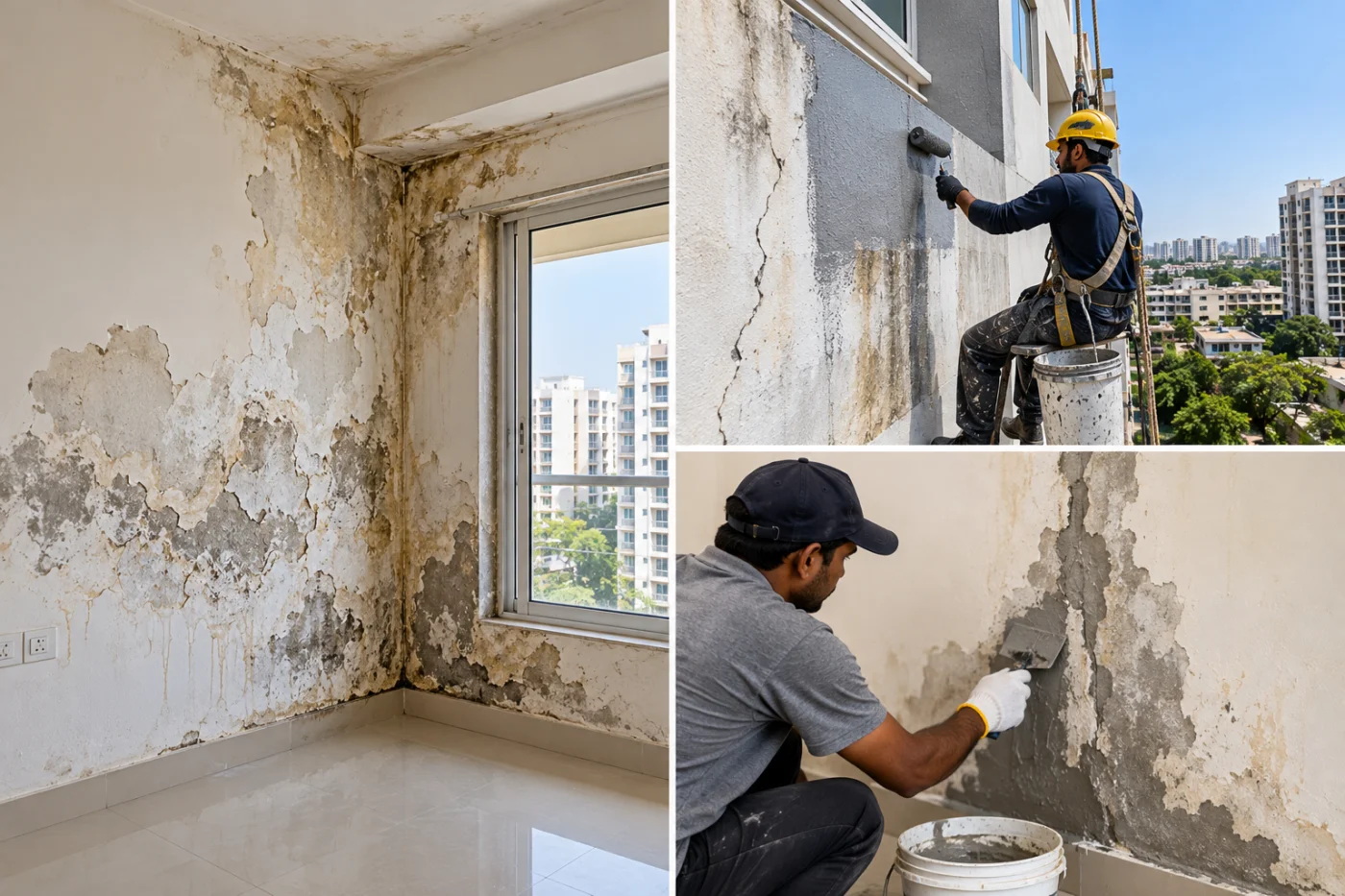 Waterproofing technician applying a protective coating to a cracked external apartment wall