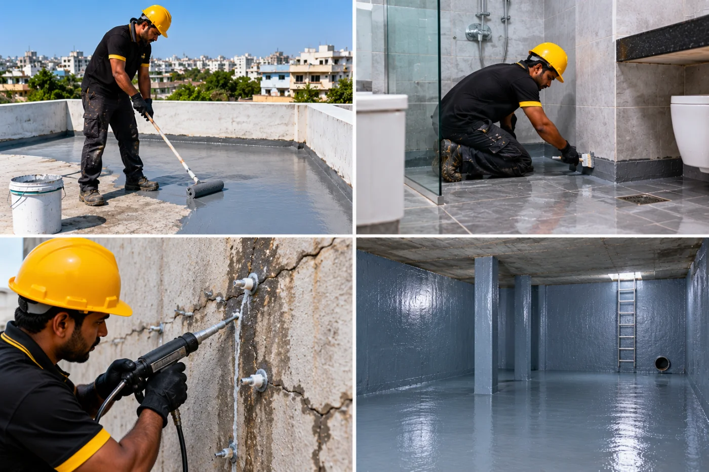 Waterproofing technician injecting grout into cracks in a damaged concrete wall