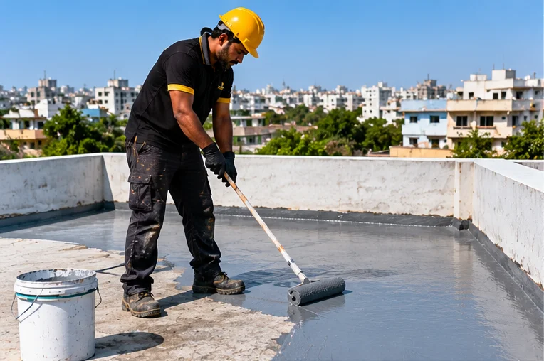 Waterproofing technician applying protective coating on an existing building terrace in Hyderabad