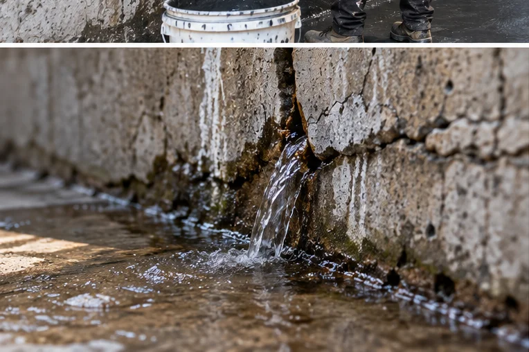 Water leaking through cracks in a concrete basement wall due to water seepage